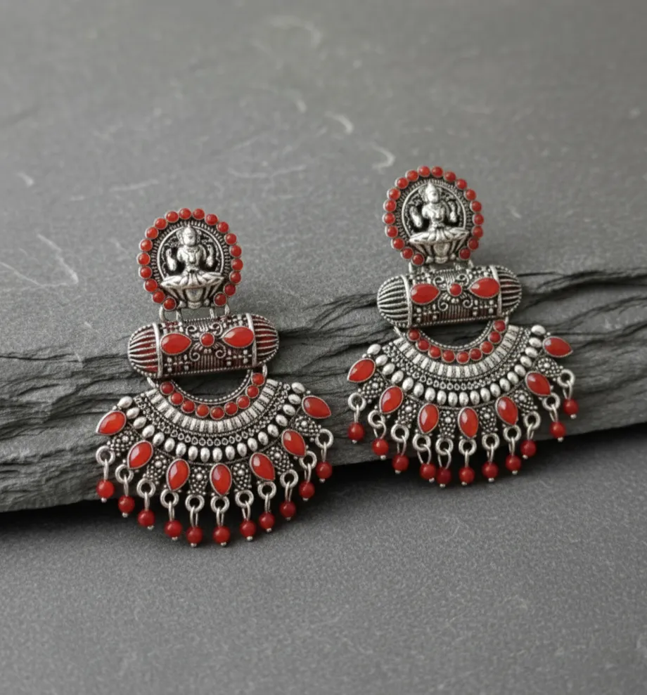 Red-Color Lakshmi Motif Antique Oxidized Earrings