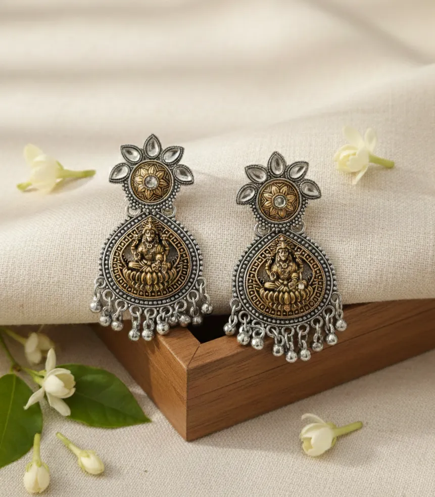 Traditional Temple Earrings for Women | Antique Oxidized Silver & Gold-Tone Lakshmi Design | Ethnic Indian Jewelry for Weddings & Festivals