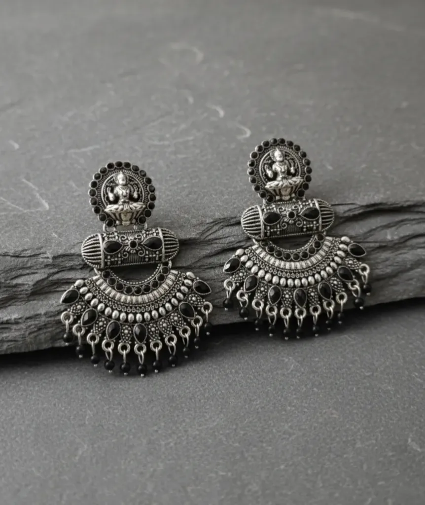 Black-Color Lakshmi Motif Antique Oxidized Earrings
