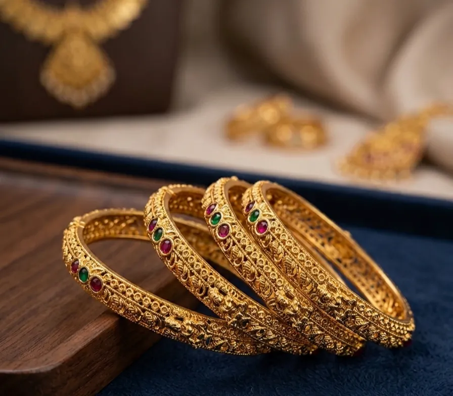 Luxurious gold-toned bangles pair with intricate patterns & gemstone. (2.4)
