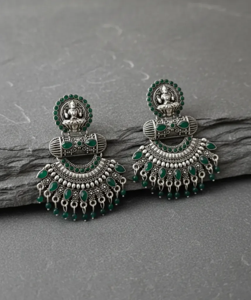 Green-Color Lakshmi Motif Antique Oxidized Earrings