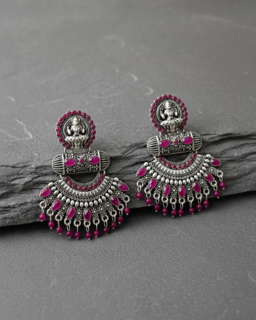 Pink-Color Lakshmi Motif Antique Oxidized Earrings