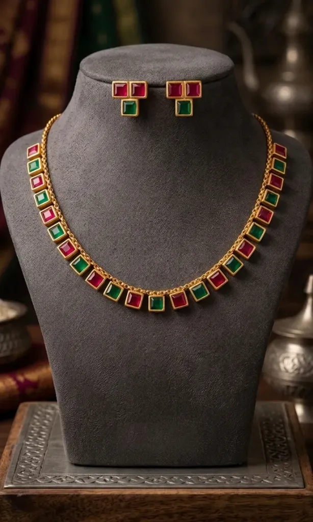 Eye-Catching Gold-toned necklace set with square cut pink gemstones arranged in a sleek, modern lattice, paired with matching earrings that give a fresh, glamours pink vibe.
