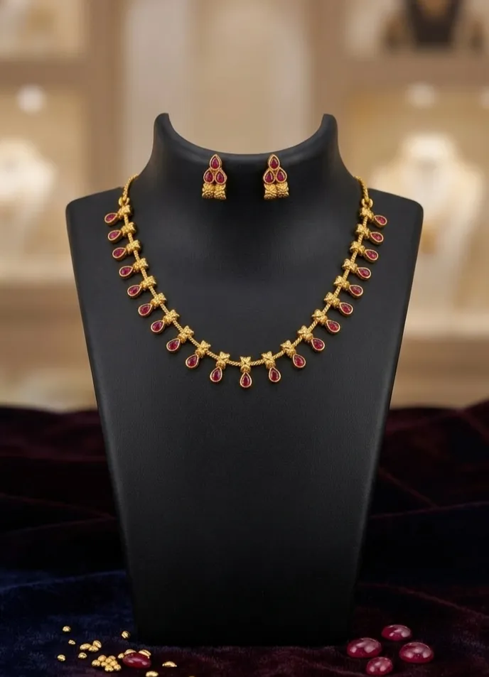 Drip in ruby glam with this exquisite necklace & earring combo. Perfect for Festive vibes.