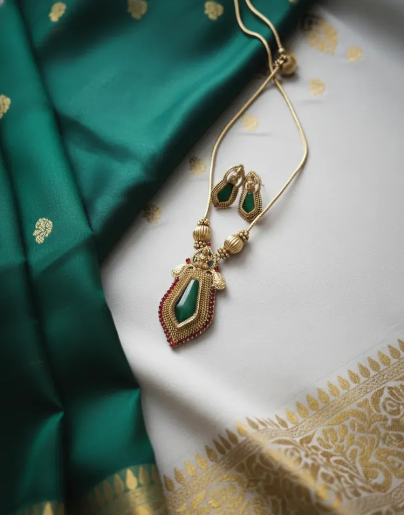 Ode to Tradition: Short Haram and earrings set where vibrant green stone meets intricate craftmanship, design to elevate every occasion.