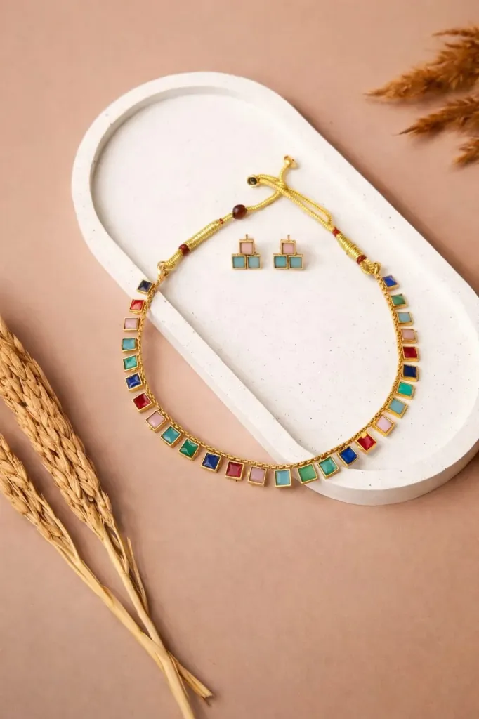 Multicolor stone necklace with matching studs-perfect blend of grace &Style.