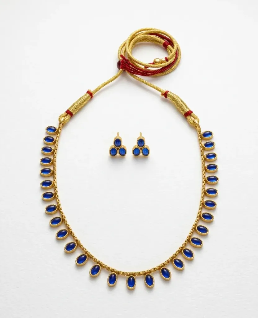 Necklace and Earrings designed to captures the harmony of deep blue gemstones and golden artistry.