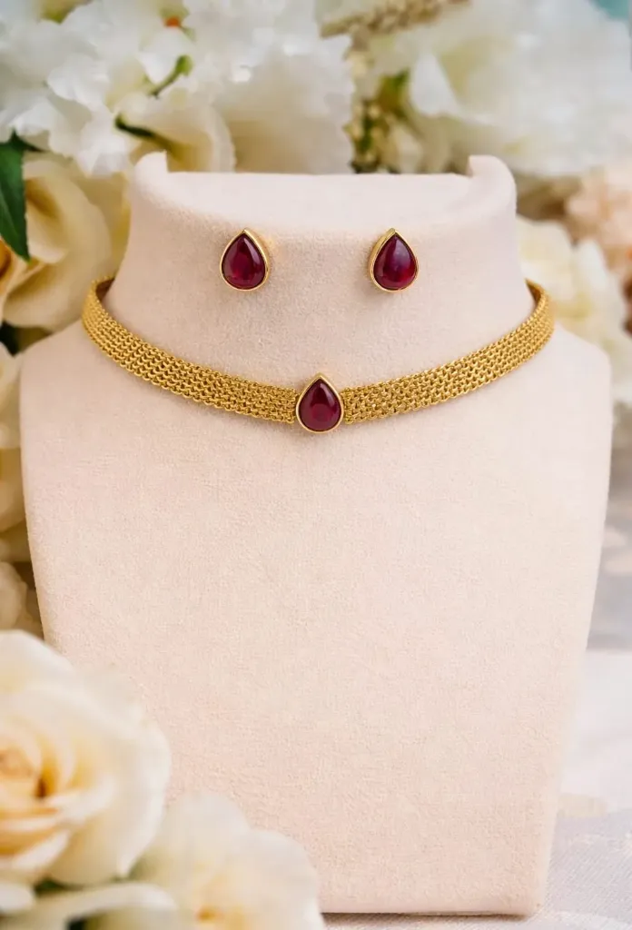 Choker necklace with a teardrop ruby pendent paired with matching ruby stud earrings.