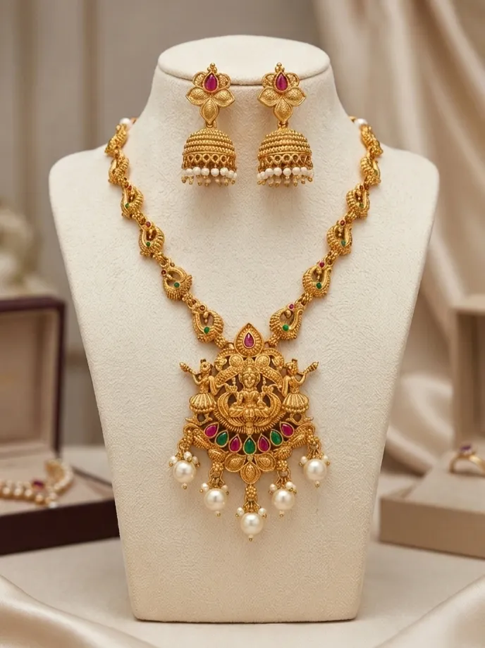 Rooted in tradition, this temple-inspired short haram brings together intricate craftmanship,radiant gemstones, and delicate pearls-a celebration of heritage and artistry.