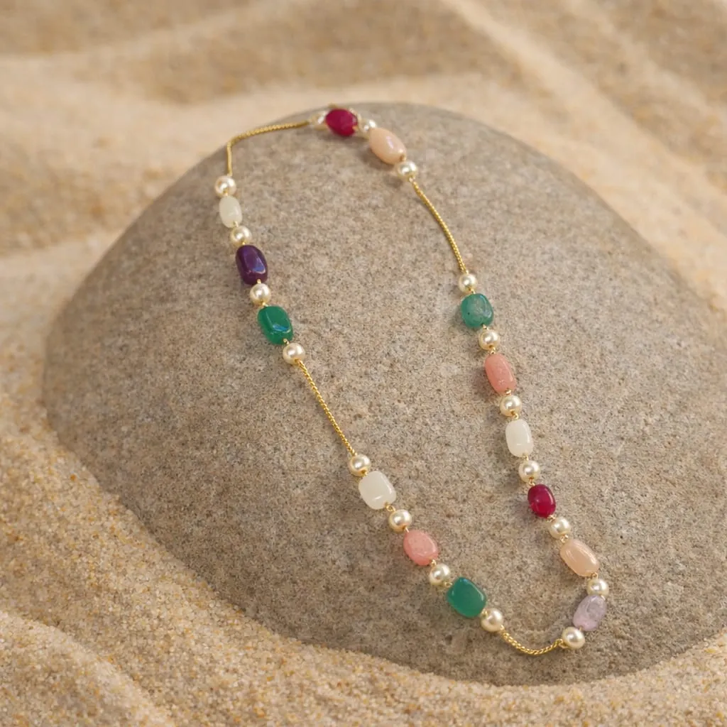 Long haram shines with vibrant gemstones like ruby, amethyst and jade, adding a touch of elegance to any outfit.