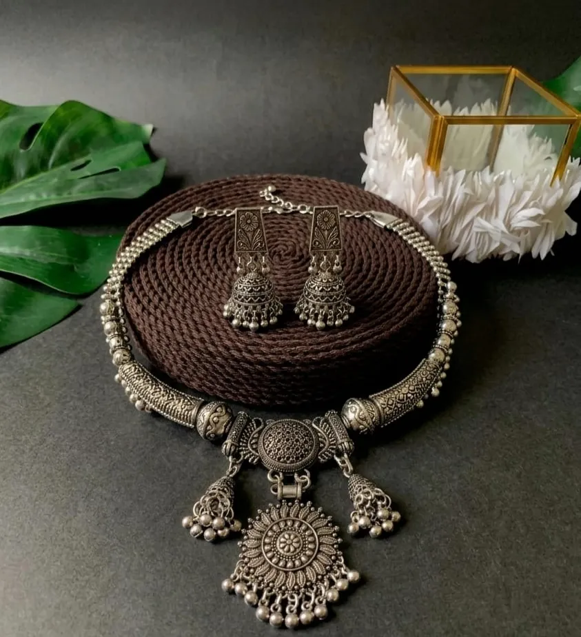 Bold Oxidized Necklace & earring combo, crafted with detailed filigree & beadwork for a traditional vibe.