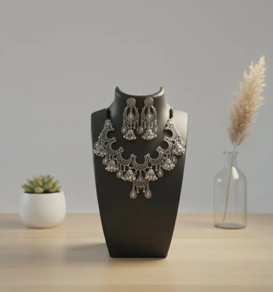 Silver oxidized necklace and earring set with crescent motifs, pearl jumka ,and black cord threading, styled in traditional ethnic design.