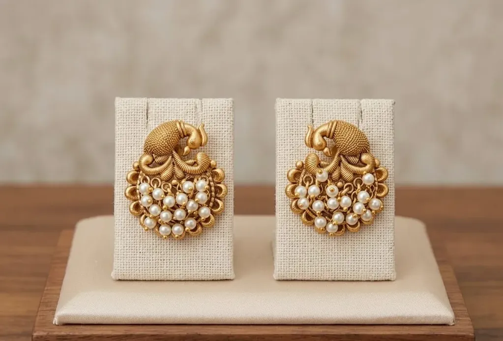 Adorn yourself with regal charm-gold tone peacock earrings with luminous pearl accent the perfect statement of timeless elegance.
