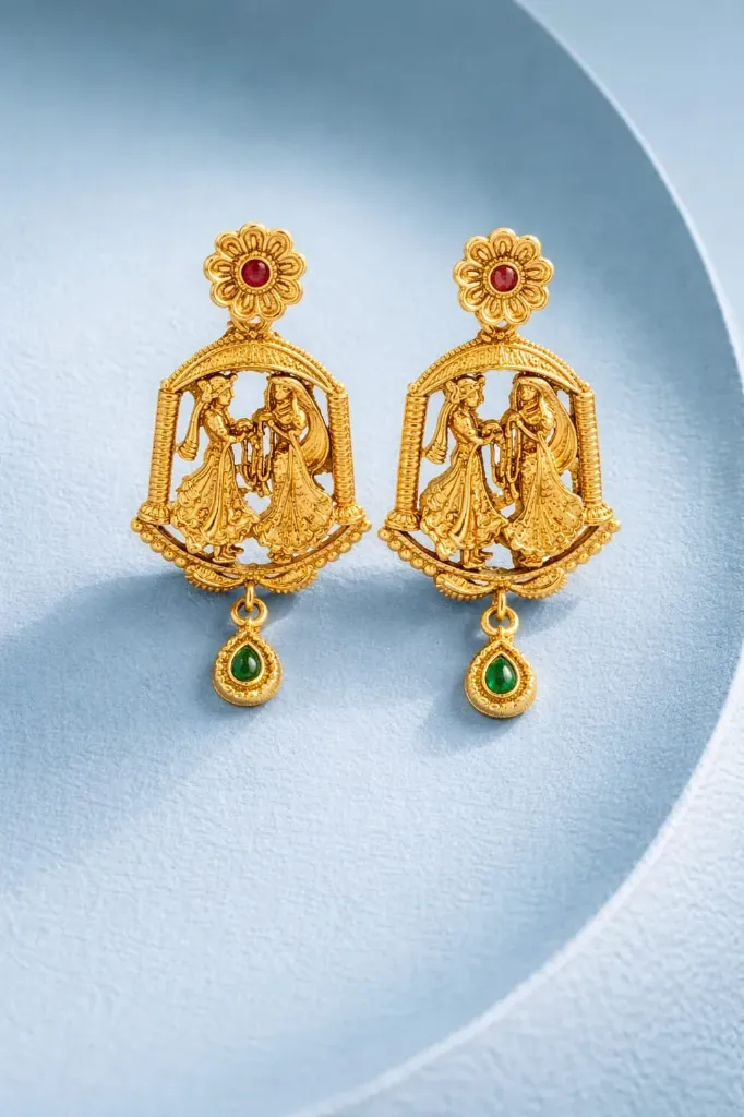 Divine elegance in golden: Radha-Krishna earrings with rubies and emeralds, crafted for timeless beauty.