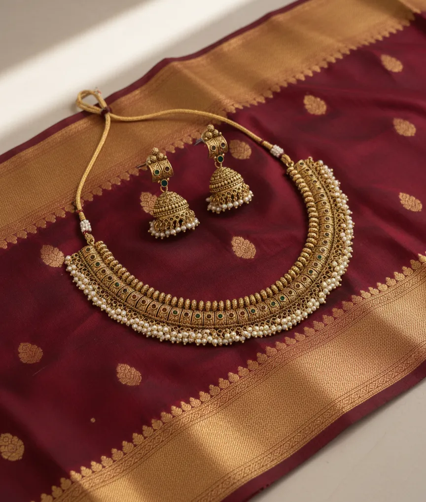 Elevate your ethnic grace with this exquisite antique gold-finished necklace set, featuring intricate traditional craftsmanship and delicate pearl bead droplets.