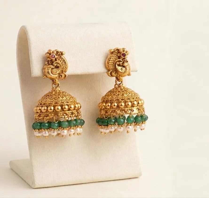 Royal peacock earring -gold-filigree elegance with emerald & pearl accents, perfect for festive glamour and timeless ethic style.