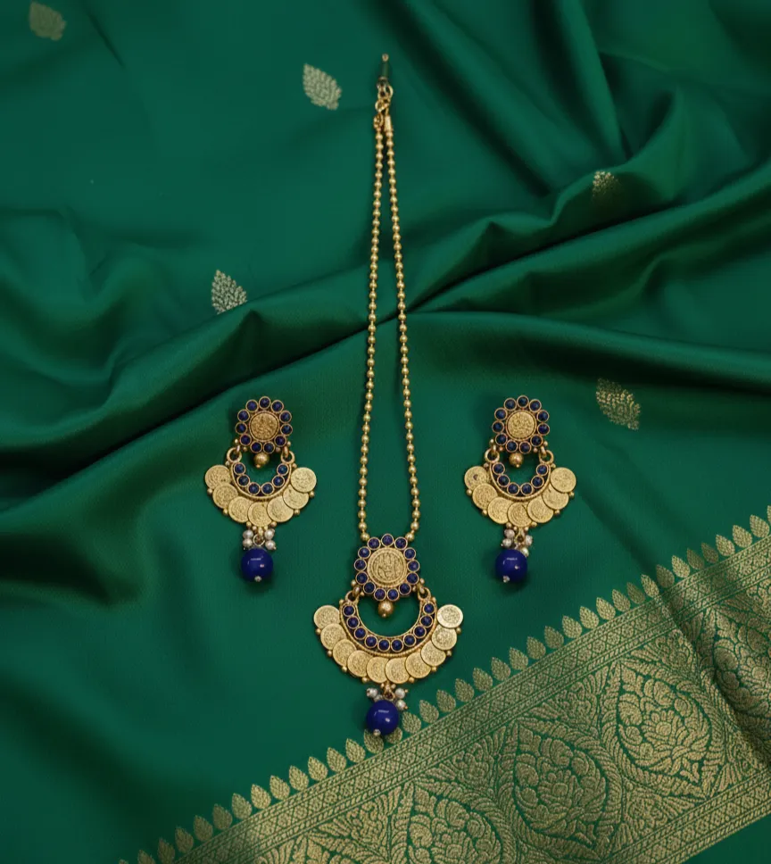 This refined gold-toned necklace set features traditional Lakshmi-carved coins arranged in a graceful crescent design with vibrant royal blue accents.