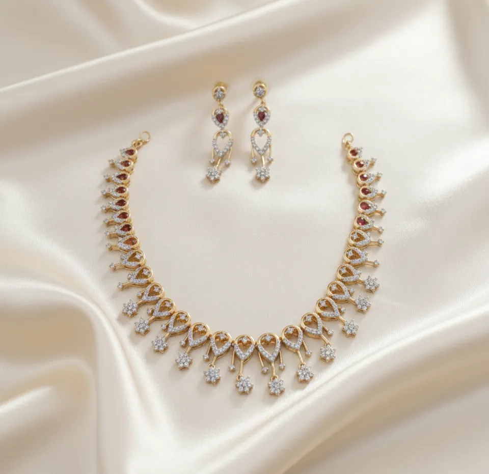 Exquisite Gold Neckless & Earring Set with AD & Ruby