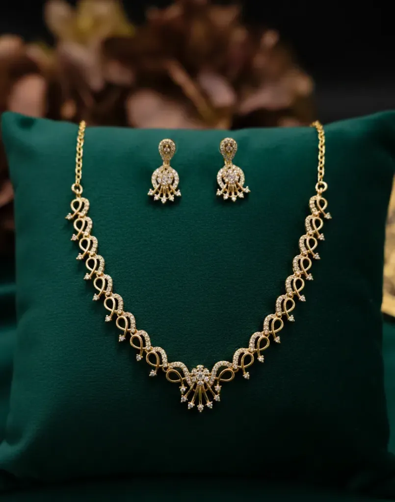 Stunning Gold-toned necklace set with AD-studded infinity motifs and elegant matching earrings-perfect for adding a touch of glamour to any outfit.