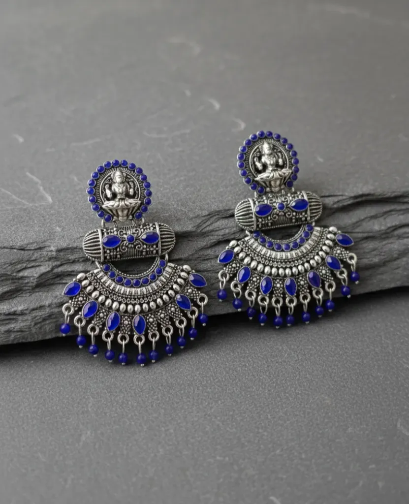 Blue-Color Lakshmi Motif Antique Oxidized Earrings