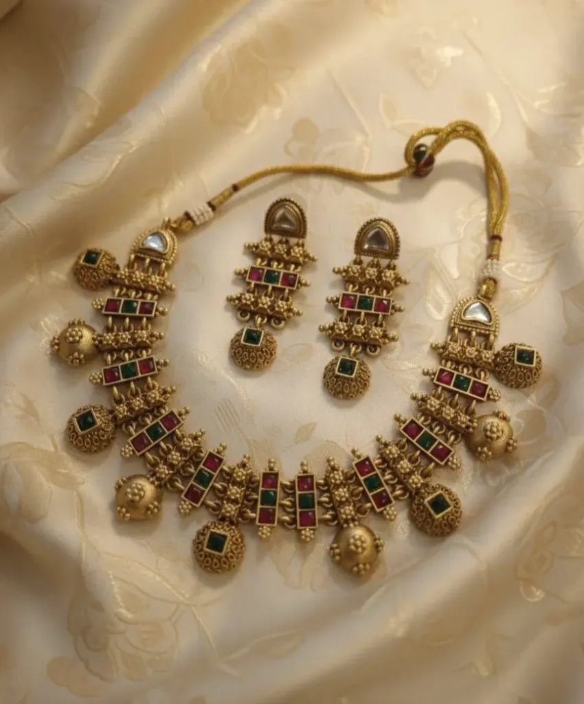 Celebrate timeless tradition with this exquisite antique gold-toned necklace set, featuring vibrant ruby and emerald stones.