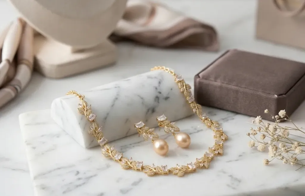 Elegant gold-toned necklace and pearl earrings set adorned with sparkling leaf-shaped zirconia-perfect for weddings or gifting a luxe touch.