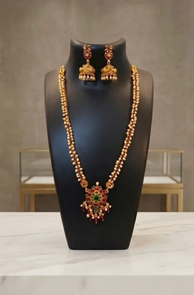 A stunning gold-toned pearl necklace with a vibrant red & green gemstone pendent, paired with matching jhumka earrings-classical Indian jwellery set that adds traditional elegance to any outfit.