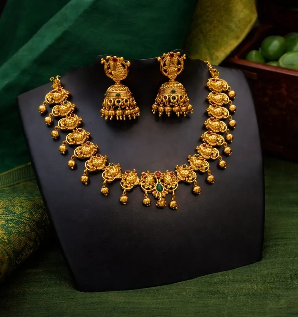 Timeless artistry in gold toned-where peacock meets festive elegance.