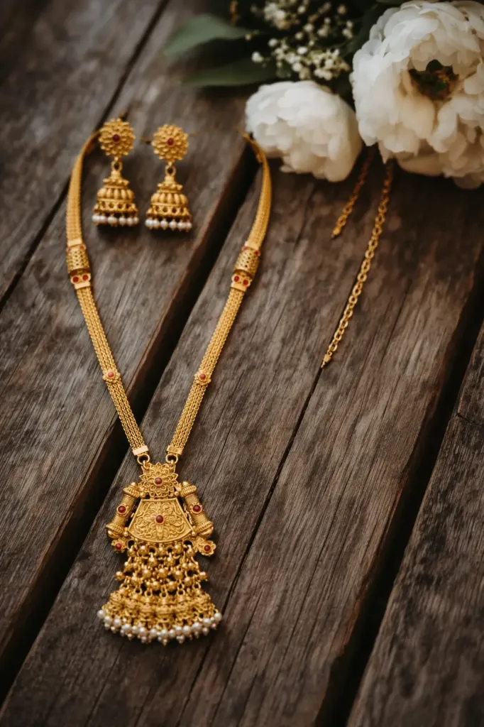 Intricately handcrafted gold toned set with radiant red stones and delicate pearls-perfect for ceremonial grace.