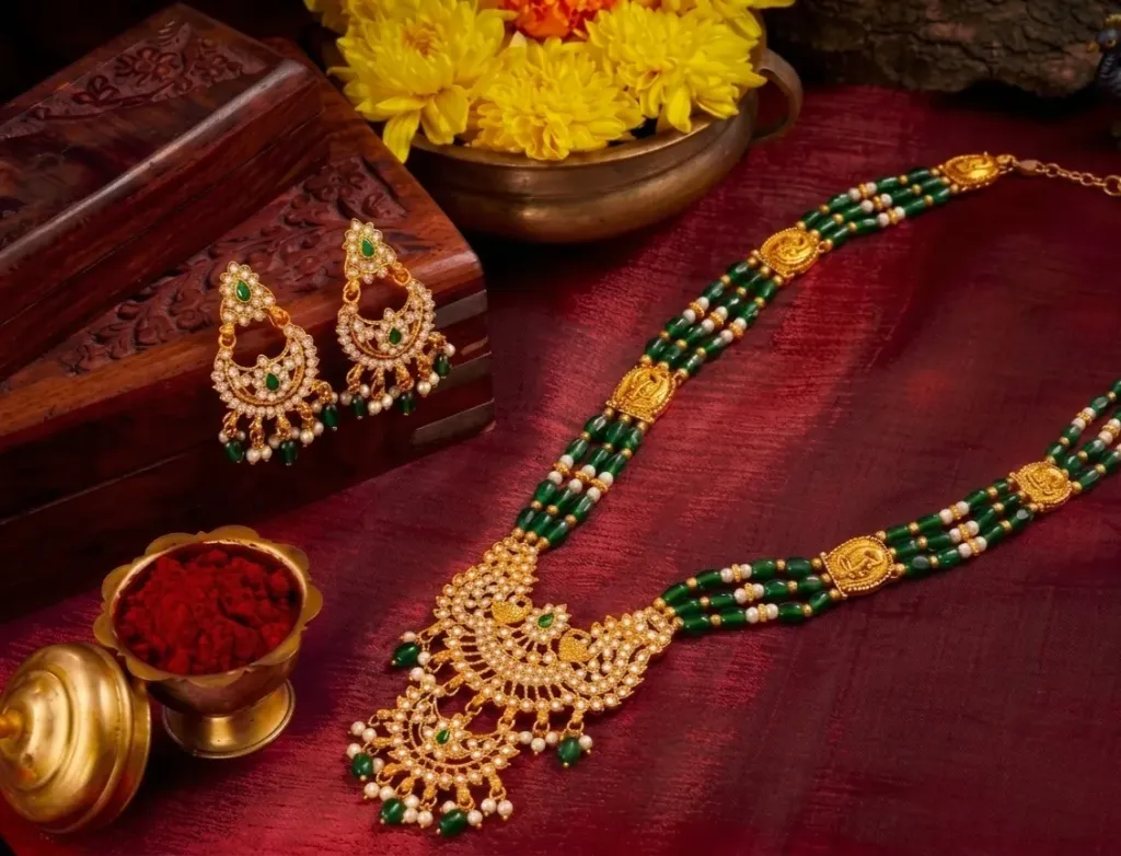 Elegant traditional necklace with green beads, gold detailing, and matching earrings-perfect for festive occasions!