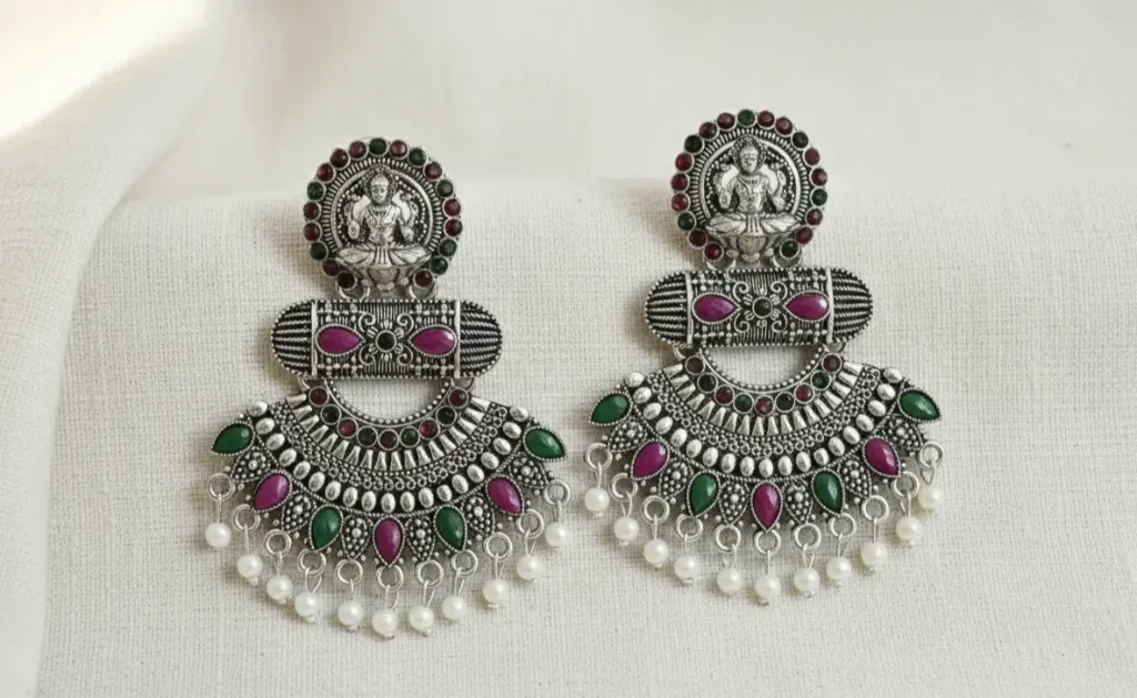 Multi-Color Lakshmi Motif Antique Oxidized Earrings