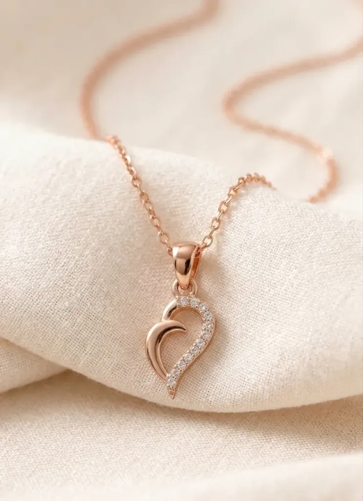 A stunning rose gold chain featuring a delicate heart-shaped pendent with a sparkling zirconia-lined curve, perfect for adding a touch of elegance to any outfit.
