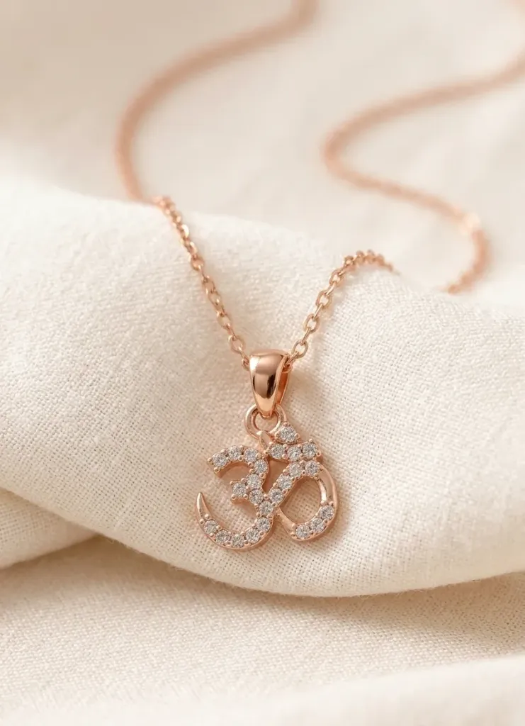 Elegant rose gold chain with a sparkling Om pendent encrusted with diamonds, adding timeless charm to any outfit.